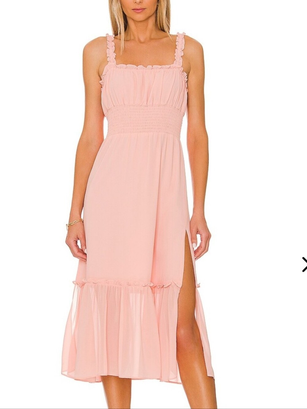 New Lovers and Friends Arden Midi Dress S Pink Smocked Slit Ruffles Tiered Hem